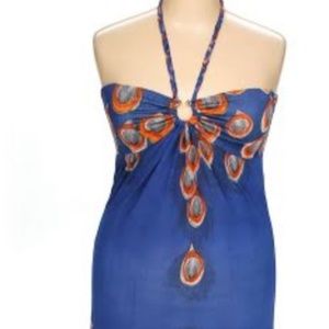 NWT Floor Length Peacock Motif Halter Sundress